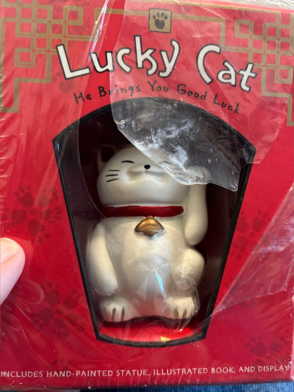 NIB Lucky Cat, White/Red Figurine w/ display & 48 pg book. Usher in prosperity!